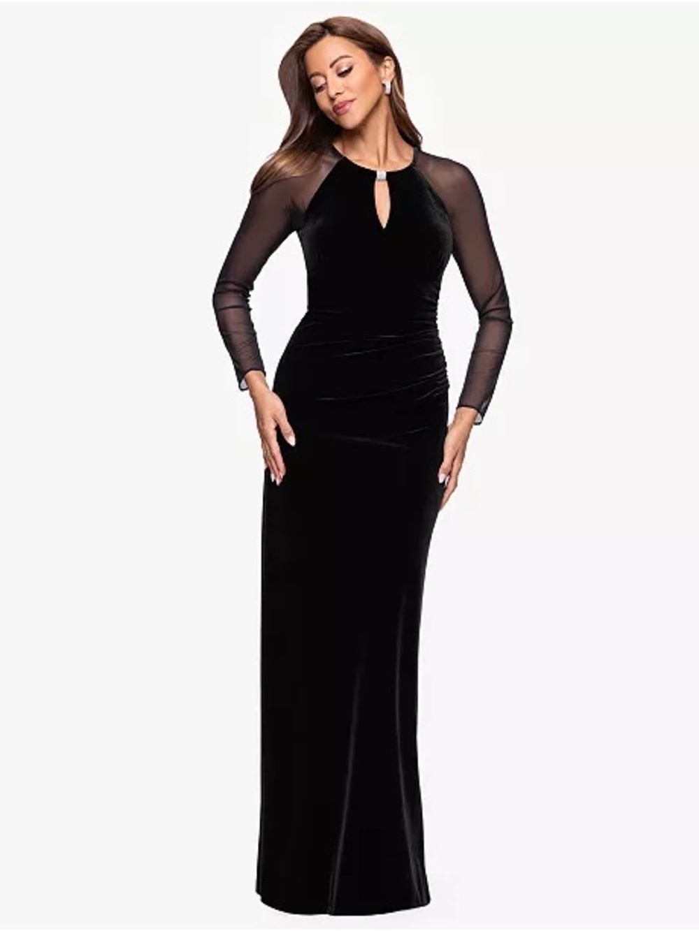 BA by Betsy & Adam Velvet Keyhole Neck Dress Size 6 Black Mesh Long Sleeve Maxi